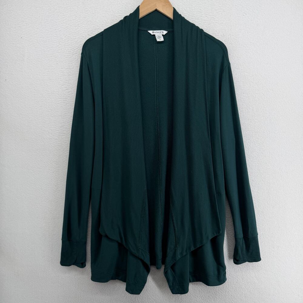 ATHLETA Top M Pranayama Restore Wrap Cardigan Open Front Thumbholes Draped Green